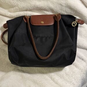 Longchamp Black Tote with Brown Handles